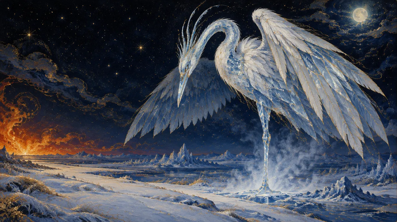 The Ice Heron, bangau raksasa dari es dan bulu putih, berdiri satu kaki di padang beku di bawah langit berbintang.