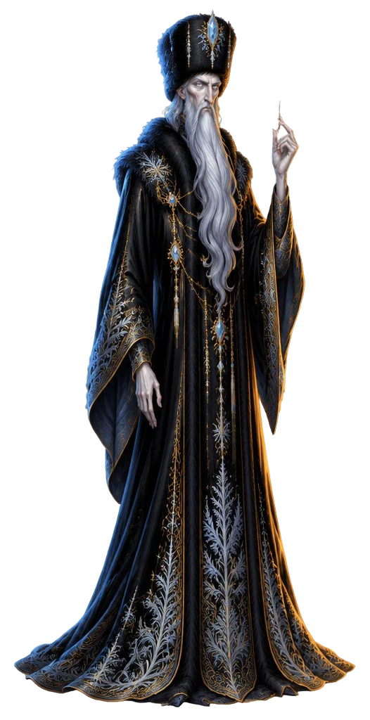 The Deathless Tsar, kurus dan tinggi berjanggut perak, bertopi bulu berhias permata es, mengangkat sebatang jarum kecil di antara dua jari.